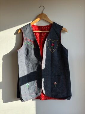 Embroidered Denim Vest with Red Bandana Lining